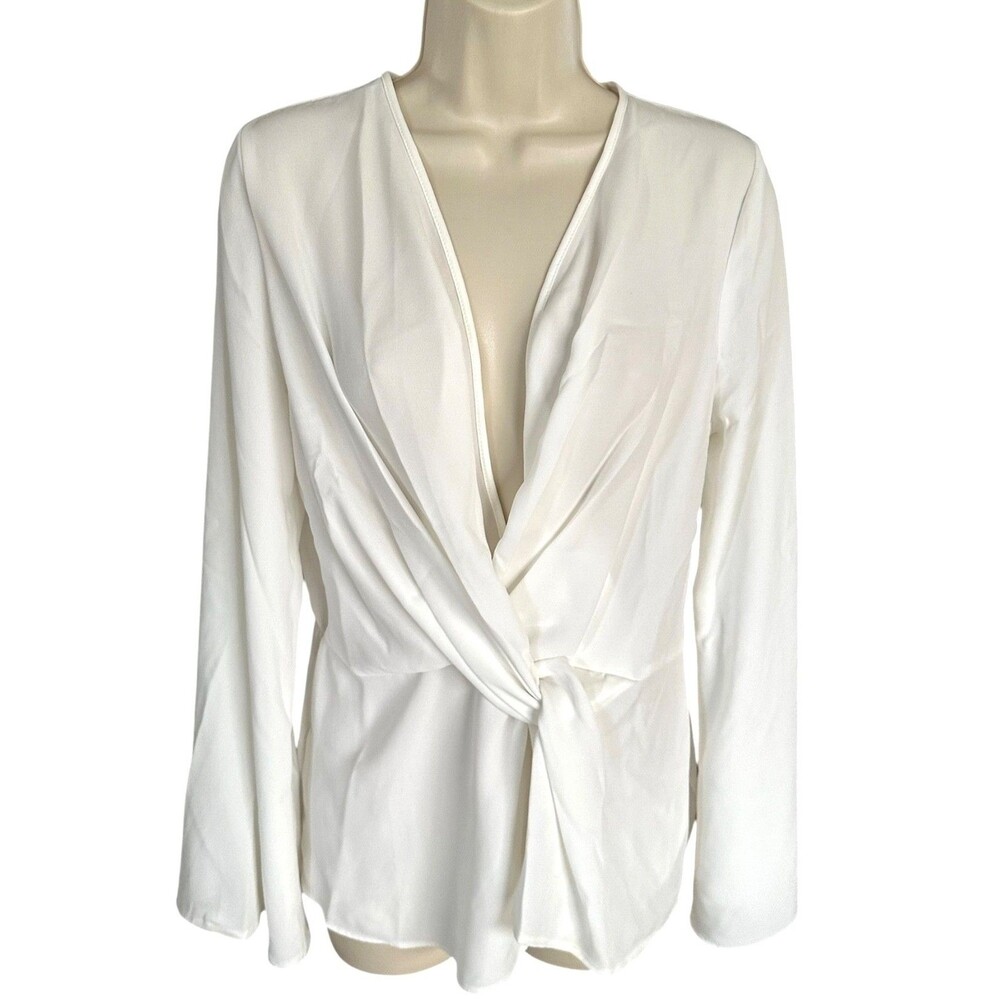 MISSGUIDED Women's Faux Wrap Blouse Top Long Sleeve Deep V-Neck Size 6 White